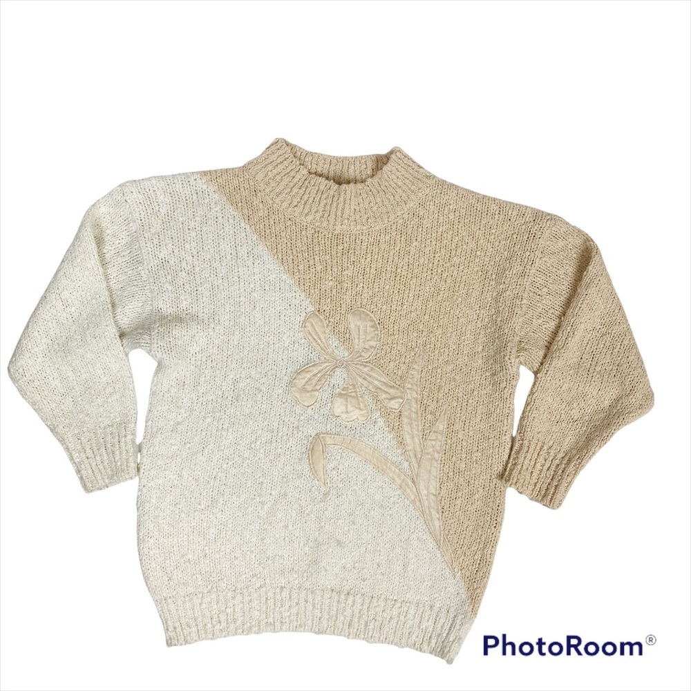 VINTAGE JJ FARGO Color Block Iris Print Fuzzy Knit Sweater late 80’s early 90’s